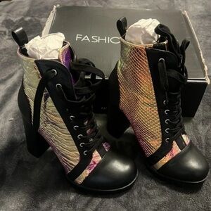 Fashion Nova Iridescent and Black Heeled Boots
